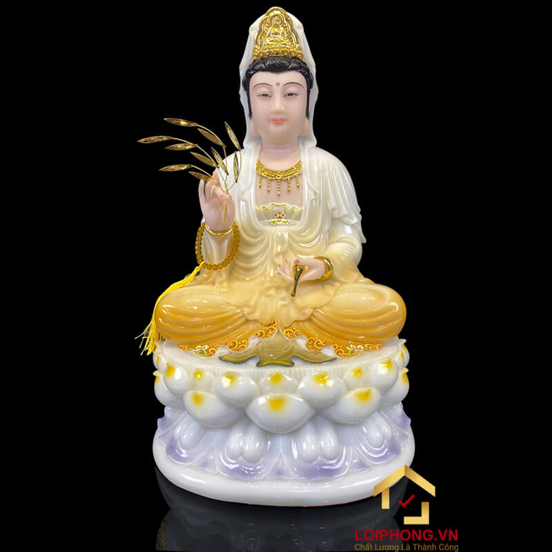 Tượng Phật Quan Âm Ngồi Đài Sen Bằng Bột Đá Trắng Sơn Vàng cao từ 30 - 90cm