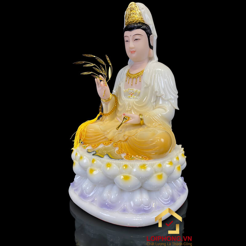 Tượng Phật Quan Âm Ngồi Đài Sen Bằng Bột Đá Trắng Sơn Vàng cao từ 30 - 90cm