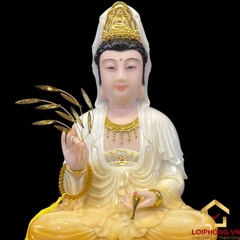 Tượng Phật Quan Âm Ngồi Đài Sen Bằng Bột Đá Trắng Sơn Vàng cao từ 30 - 90cm