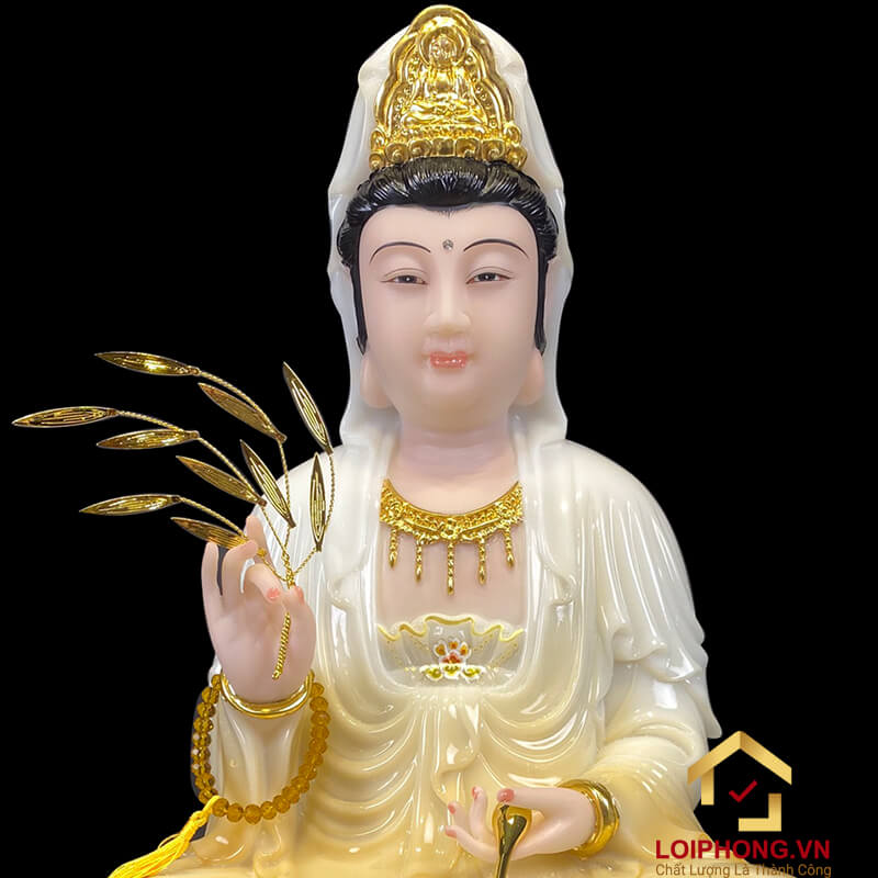 Tượng Phật Quan Âm Ngồi Đài Sen Bằng Bột Đá Trắng Sơn Vàng cao từ 30 - 90cm