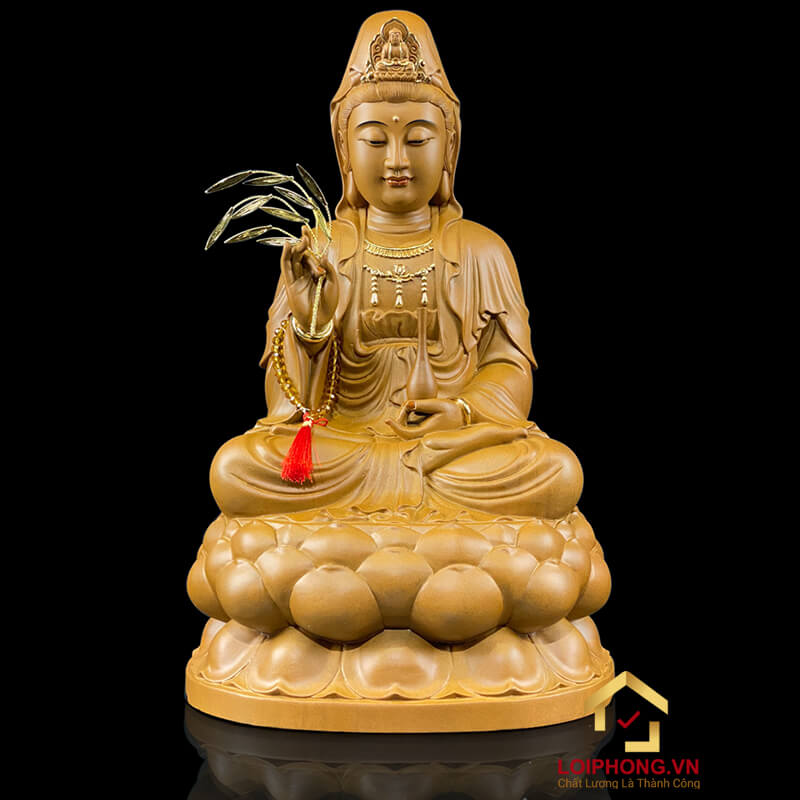 Tượng Phật Quan Âm Ngồi Đài Sen Bằng Gỗ Long Não cao từ 30 - 65cm