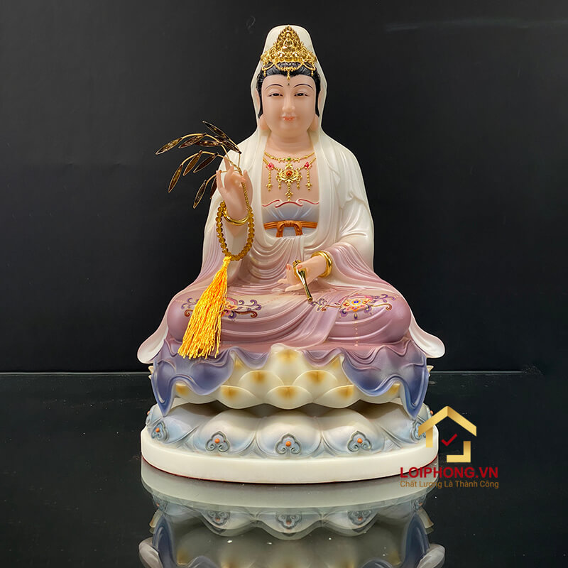 Tượng Phật Quan Âm Ngồi Đài Sen Bằng Bột Đá Sơn Tím cao từ 30 - 65cm