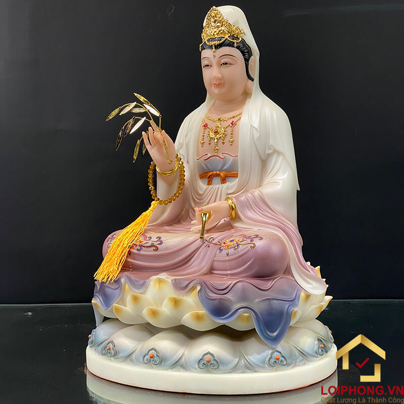 Tượng Phật Quan Âm Ngồi Đài Sen Bằng Bột Đá Sơn Tím cao từ 30 - 65cm