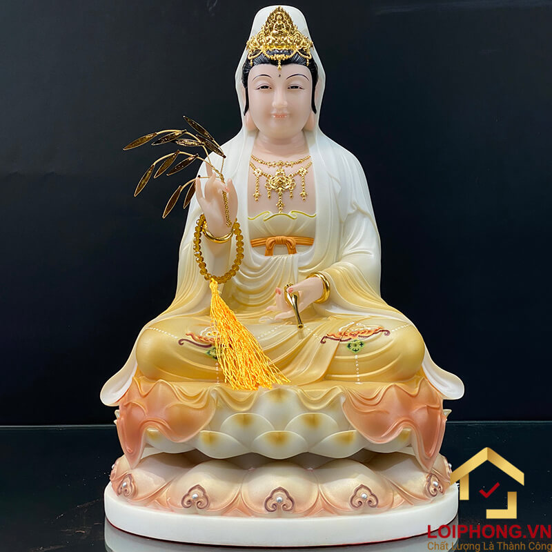 Tượng Phật Quan Âm Ngồi Đài Sen Bằng Bột Đá Sơn Vàng cao từ 30 - 65cm