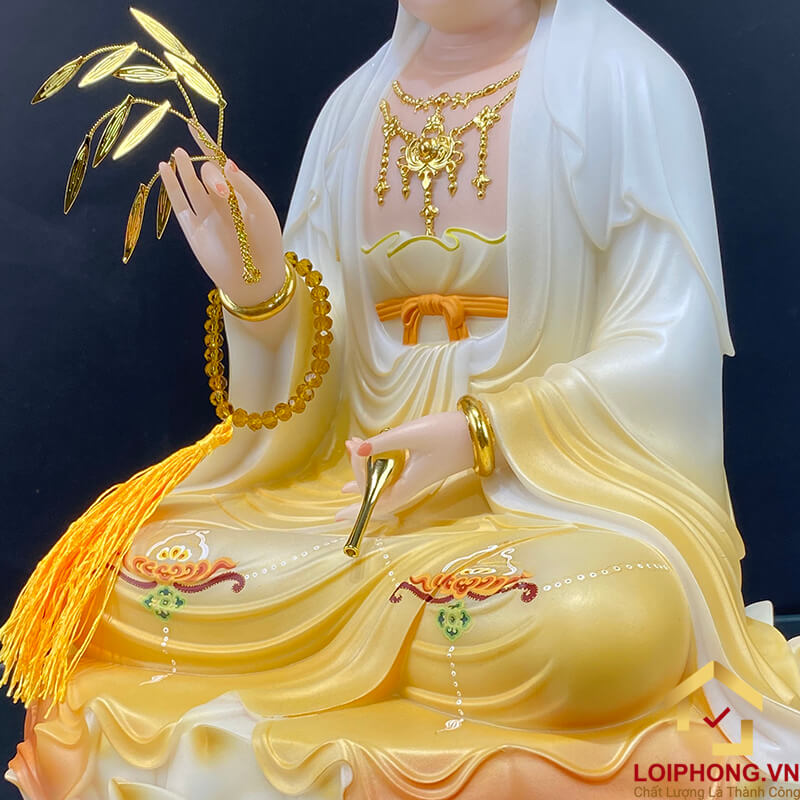 Tượng Phật Quan Âm Ngồi Đài Sen Bằng Bột Đá Sơn Vàng cao từ 30 - 65cm