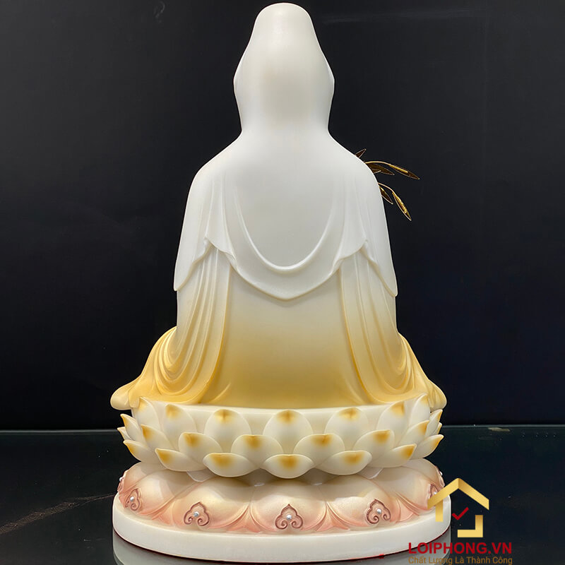Tượng Phật Quan Âm Ngồi Đài Sen Bằng Bột Đá Sơn Vàng cao từ 30 - 65cm