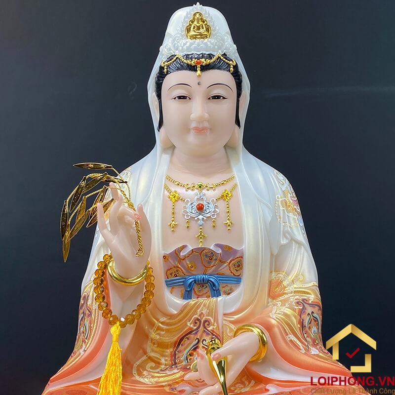 Tượng Phật Quan Âm Ngồi Đài Sen Bằng Bột Đá Sơn Đỏ Vẽ Gấm cao từ 40 - 65cm