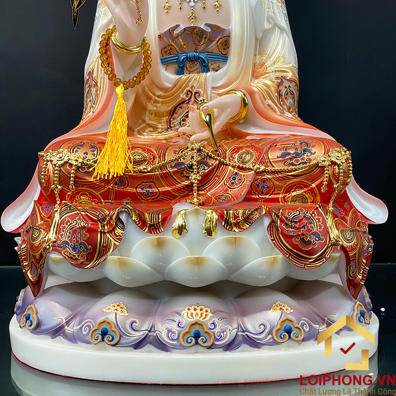 Tượng Phật Quan Âm Ngồi Đài Sen Bằng Bột Đá Sơn Đỏ Vẽ Gấm cao từ 40 - 65cm