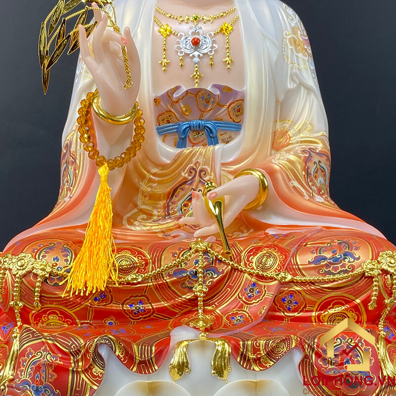 Tượng Phật Quan Âm Ngồi Đài Sen Bằng Bột Đá Sơn Đỏ Vẽ Gấm cao từ 40 - 65cm