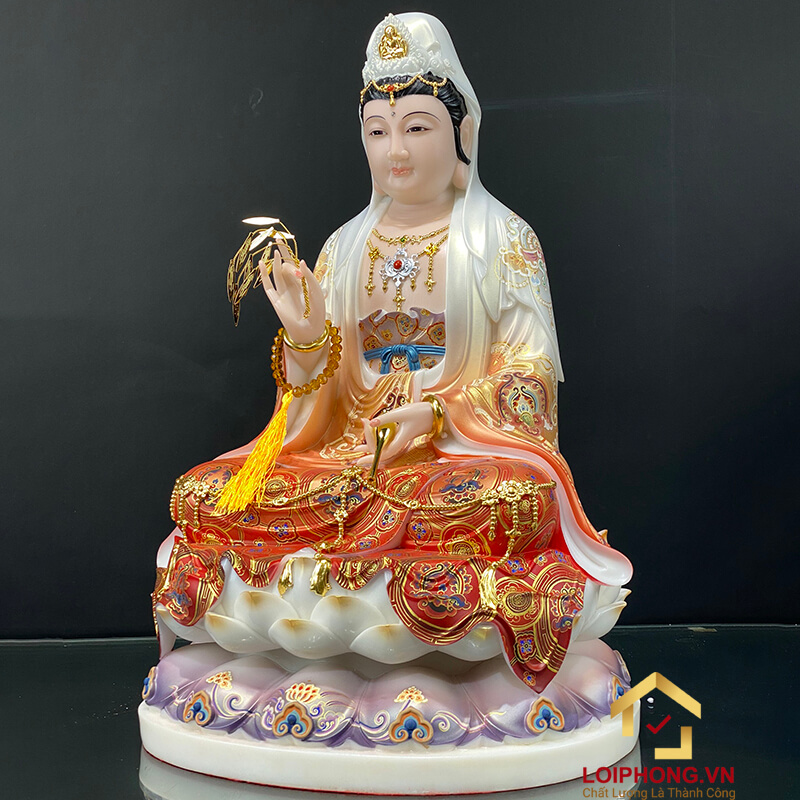 Tượng Phật Quan Âm Ngồi Đài Sen Bằng Bột Đá Sơn Đỏ Vẽ Gấm cao từ 40 - 65cm