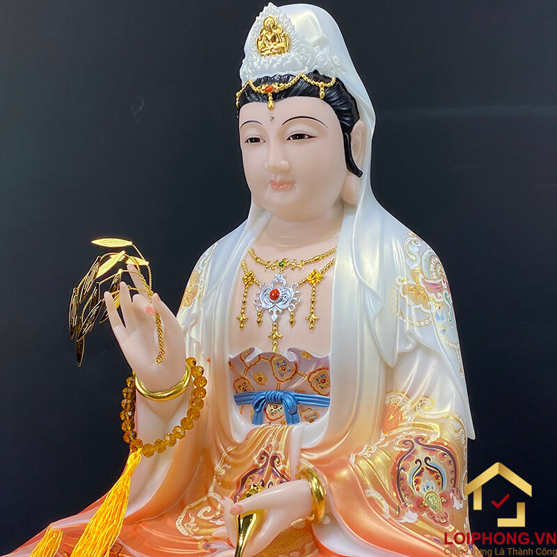 Tượng Phật Quan Âm Ngồi Đài Sen Bằng Bột Đá Sơn Đỏ Vẽ Gấm cao từ 40 - 65cm