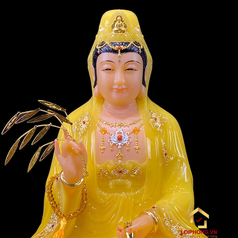 Tượng Phật Quan Âm Ngồi Đài Sen Bằng Bột Đá Thạch Anh Viền Vàng Cao Cấp cao từ 30 - 65cm