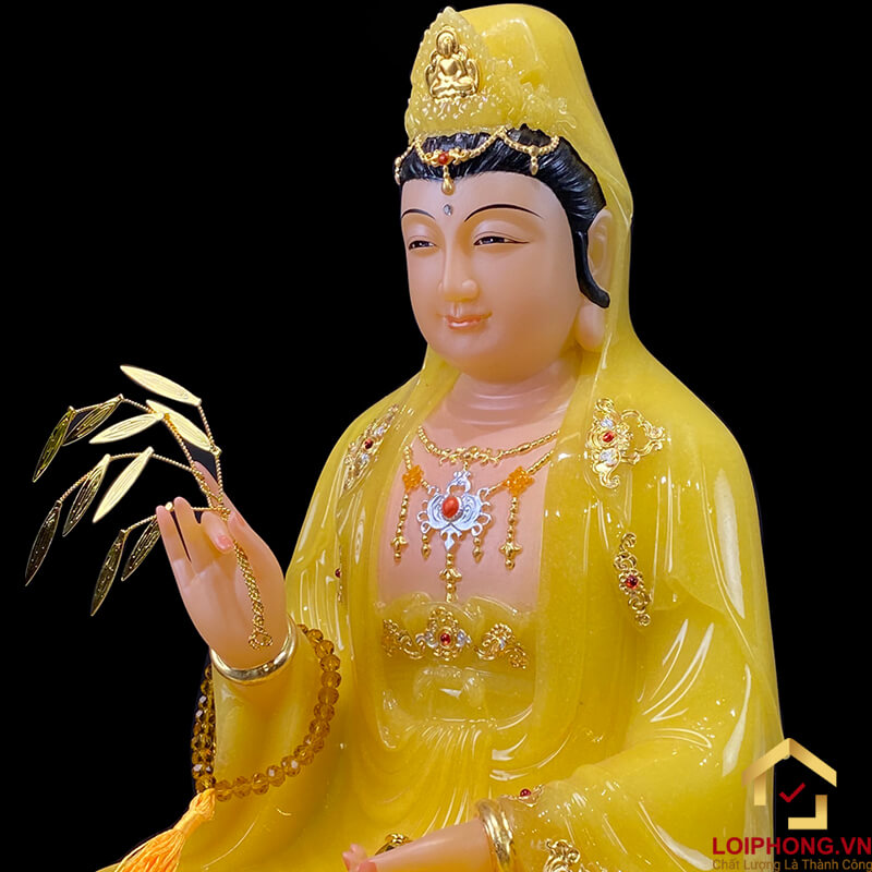 Tượng Phật Quan Âm Ngồi Đài Sen Bằng Bột Đá Thạch Anh Viền Vàng Cao Cấp cao từ 30 - 65cm