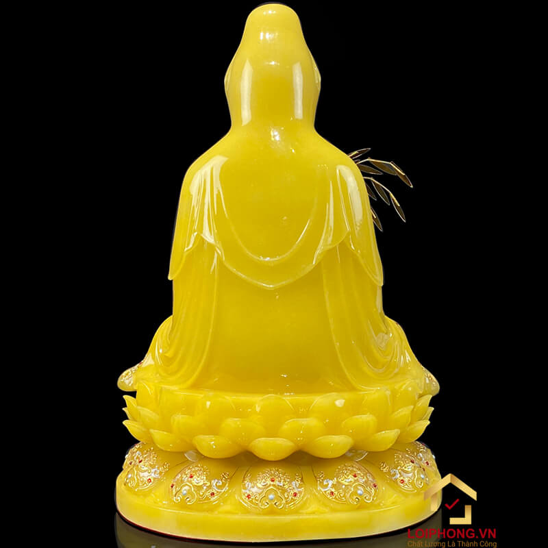 Tượng Phật Quan Âm Ngồi Đài Sen Bằng Bột Đá Thạch Anh Viền Vàng Cao Cấp cao từ 30 - 65cm