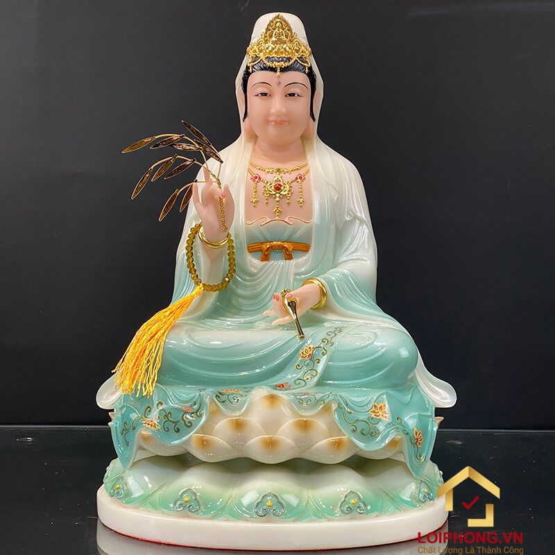 Tượng Phật Quan Âm Ngồi Đài Sen Bằng Bột Đá Sơn Xanh Cao Cấp cao từ 30 - 65cm