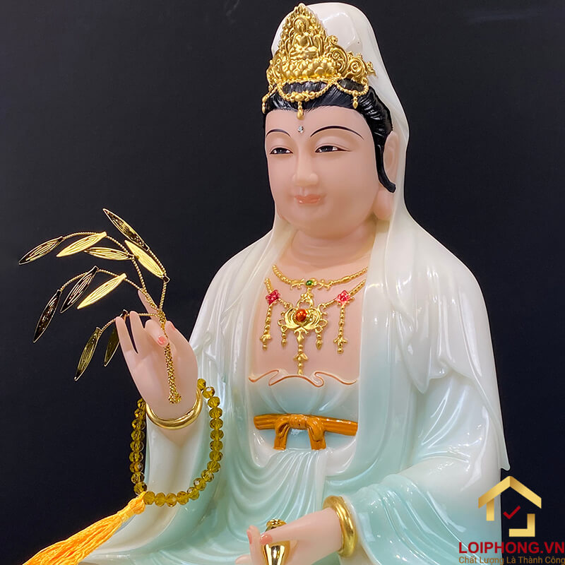 Tượng Phật Quan Âm Ngồi Đài Sen Bằng Bột Đá Sơn Xanh Cao Cấp cao từ 30 - 65cm