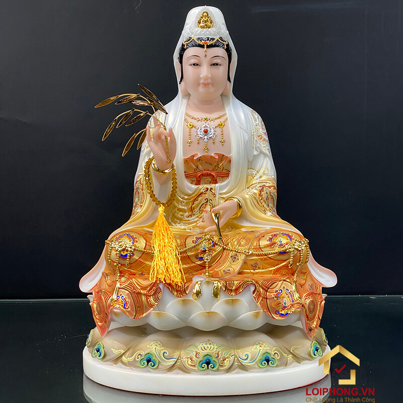 Tượng Phật Quan Âm Ngồi Đài Sen Bằng Bột Đá Vẽ Gấm Sơn Vàng Cao Cấp cao từ 40 - 65cm