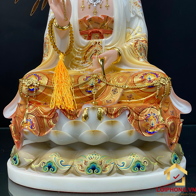 Tượng Phật Quan Âm Ngồi Đài Sen Bằng Bột Đá Vẽ Gấm Sơn Vàng Cao Cấp cao từ 40 - 65cm