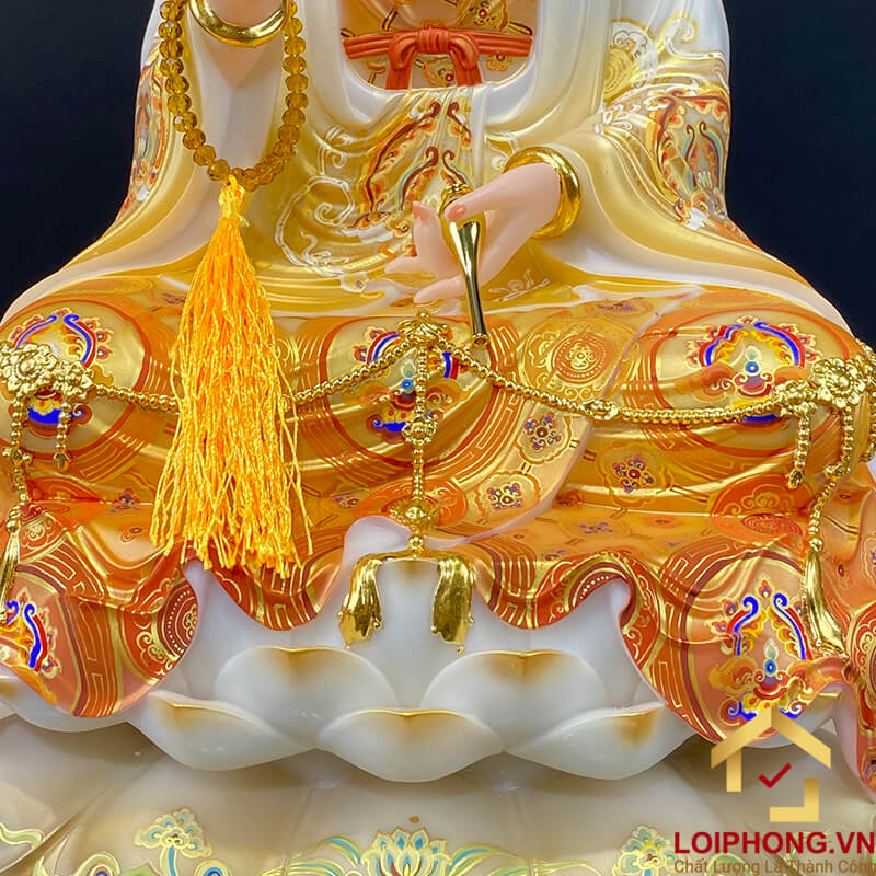 Tượng Phật Quan Âm Ngồi Đài Sen Bằng Bột Đá Vẽ Gấm Sơn Vàng Cao Cấp cao từ 40 - 65cm