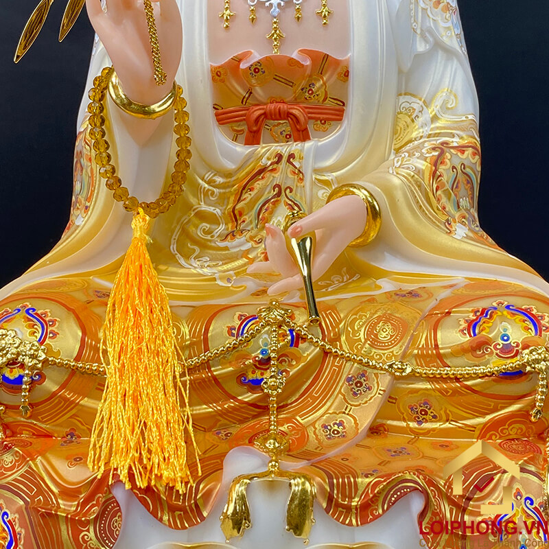 Tượng Phật Quan Âm Ngồi Đài Sen Bằng Bột Đá Vẽ Gấm Sơn Vàng Cao Cấp cao từ 40 - 65cm