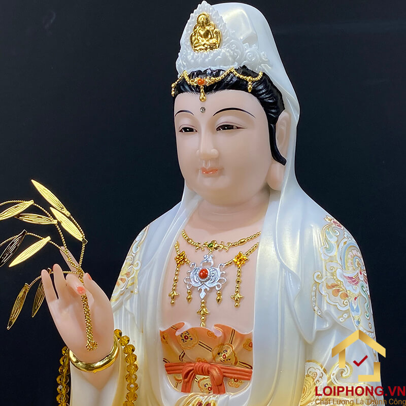 Tượng Phật Quan Âm Ngồi Đài Sen Bằng Bột Đá Vẽ Gấm Sơn Vàng Cao Cấp cao từ 40 - 65cm
