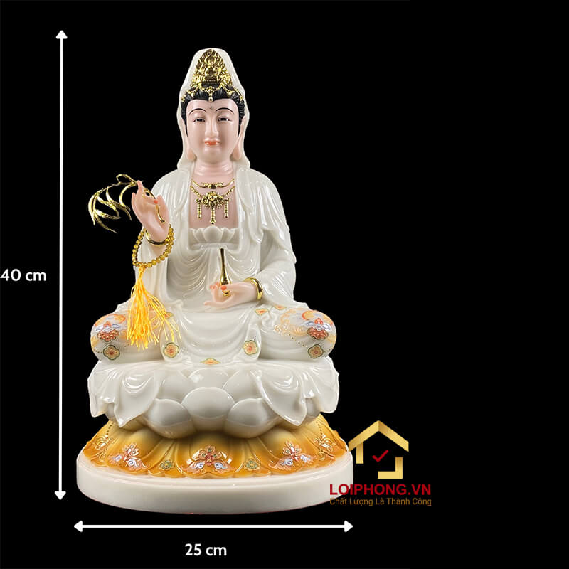 Tượng Phật Quan Âm Ngồi Đài Sen Bằng Bột Trắng Cao Cấp cao từ 30 - 48cm