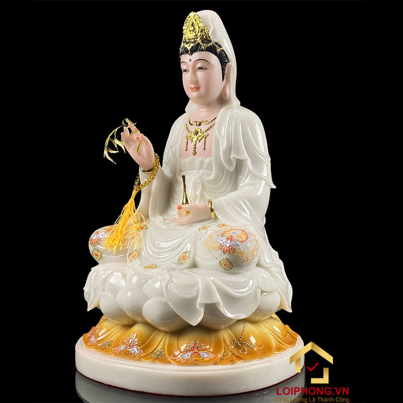 Tượng Phật Quan Âm Ngồi Đài Sen Bằng Bột Trắng Cao Cấp cao từ 30 - 48cm