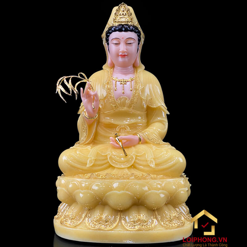 Tượng Phật Quan Âm Ngồi Đài Sen Bằng Bột Thạch Anh Viền Vàng cao từ 30 - 65cm