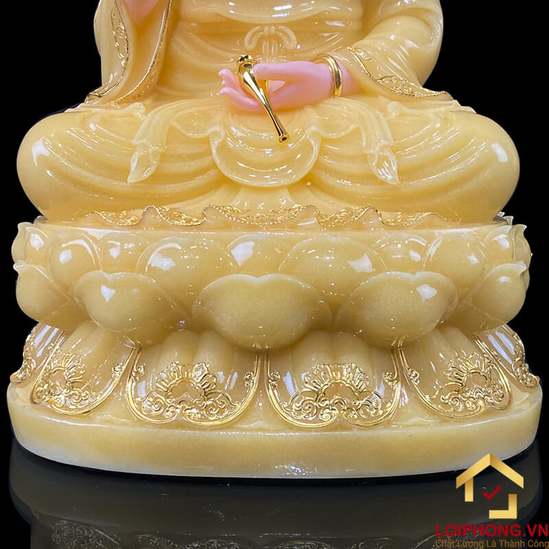 Tượng Phật Quan Âm Ngồi Đài Sen Bằng Bột Thạch Anh Viền Vàng cao từ 30 - 65cm