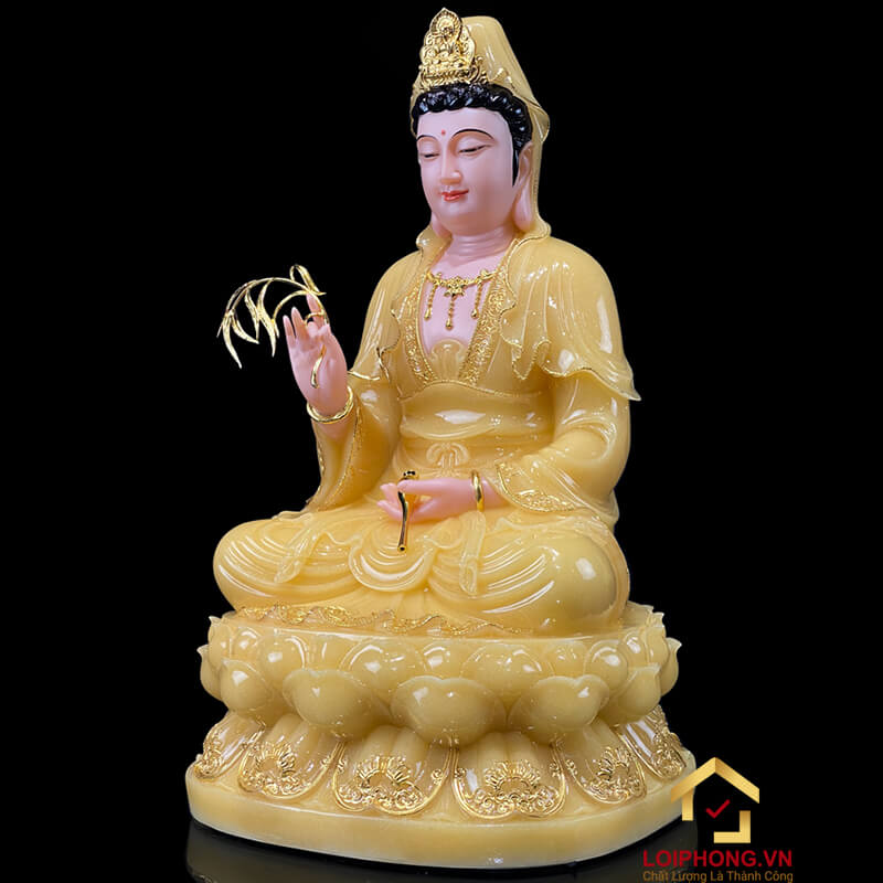 Tượng Phật Quan Âm Ngồi Đài Sen Bằng Bột Thạch Anh Viền Vàng cao từ 30 - 65cm