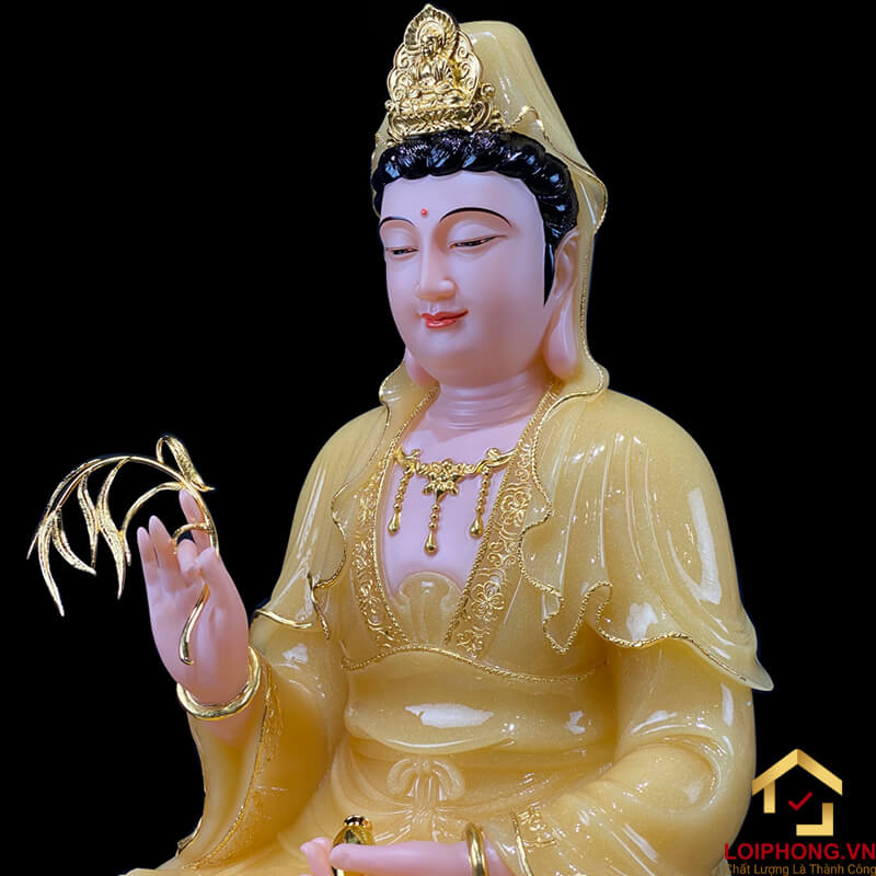 Tượng Phật Quan Âm Ngồi Đài Sen Bằng Bột Thạch Anh Viền Vàng cao từ 30 - 65cm