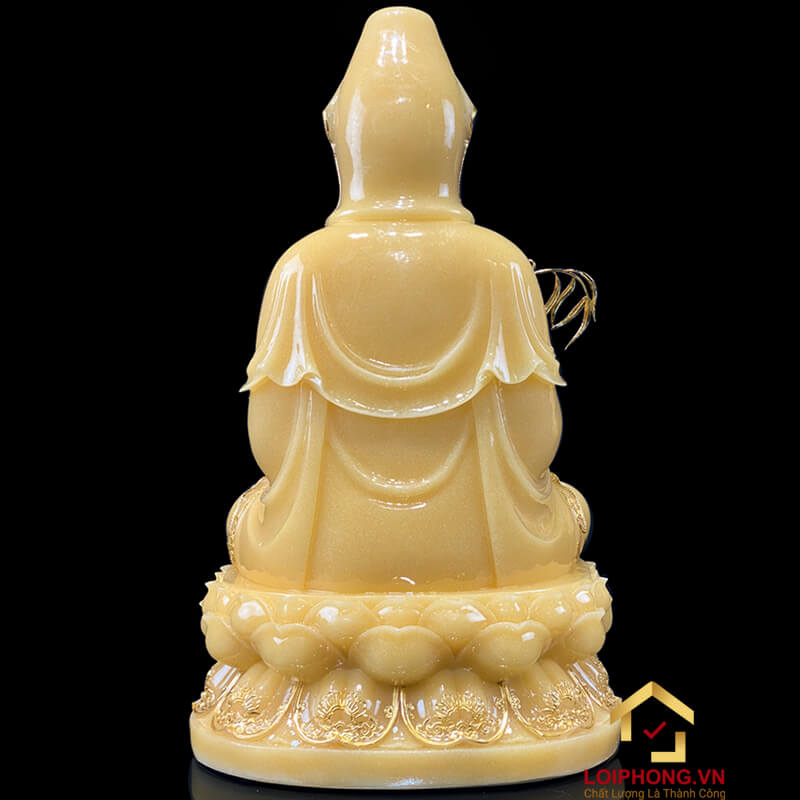 Tượng Phật Quan Âm Ngồi Đài Sen Bằng Bột Thạch Anh Viền Vàng cao từ 30 - 65cm