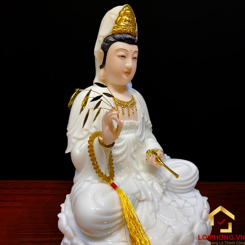 Tượng Phật Quan Âm Ngồi Đài Sen Bằng Bột Đá Trắng Cao Cấp Cao từ 30 - 90cm
