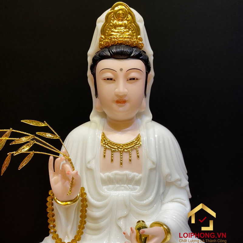 Tượng Phật Quan Âm Ngồi Đài Sen Bằng Bột Đá Trắng Cao Cấp Cao từ 30 - 90cm