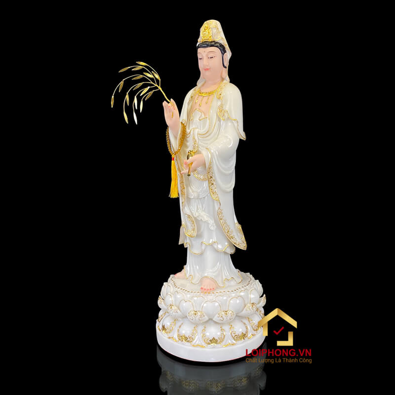 Tượng Phật Quan Âm Đứng Đài Sen Bằng Bột Đá Trắng Viền Vàng Cao từ 40 - 105cm