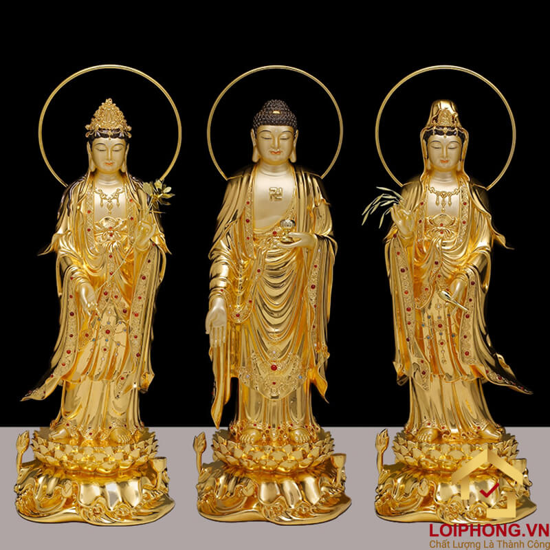 Tượng phật Tây Phương Tam Thánh bằng đồng dát vàng ấn bảo cao 48 – 65 – 90 – 106 cm