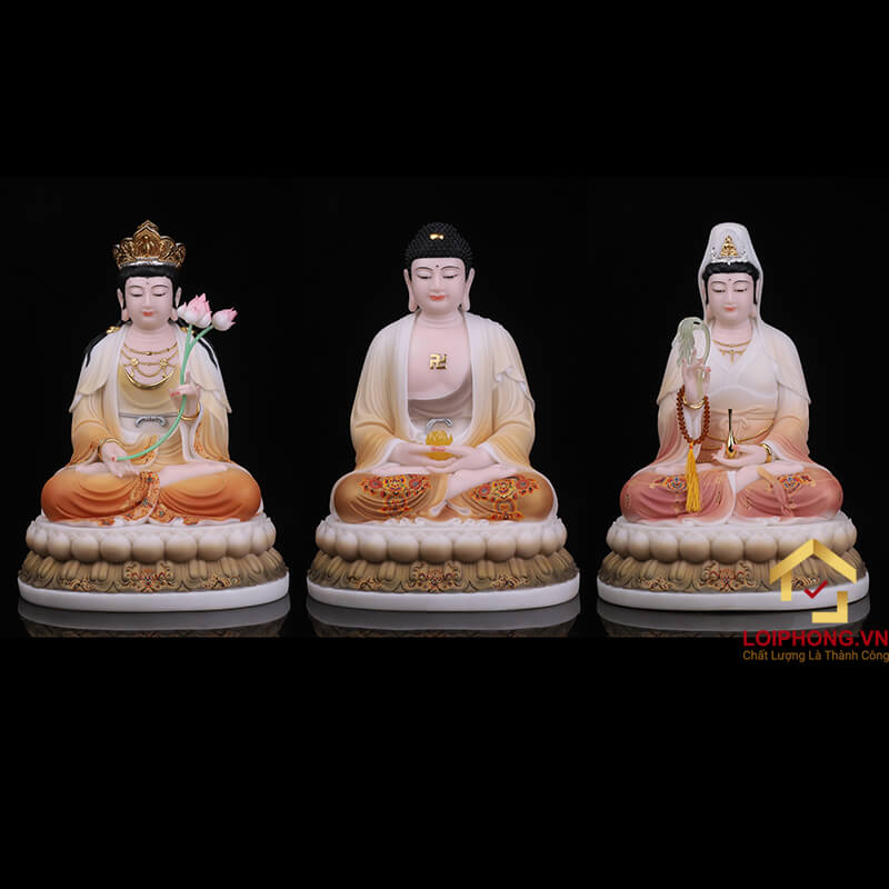 Tượng phật Tây Phương Tam Thánh bột đá vẽ gấm cao  30 – 40 – 48 cm