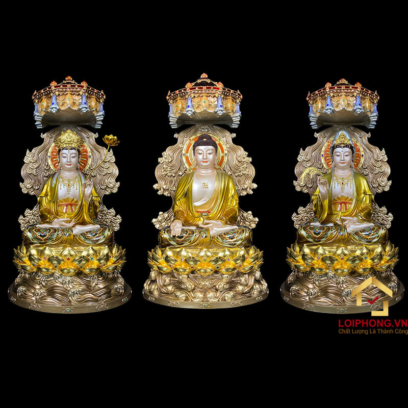 Tượng phật Tây Phương Tam Thánh bằng đồng có lọng che cao 58 cm - 72 cm