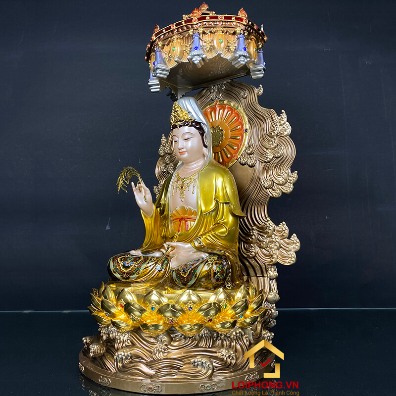 Tượng phật Tây Phương Tam Thánh bằng đồng có lọng che cao 58 cm - 72 cm