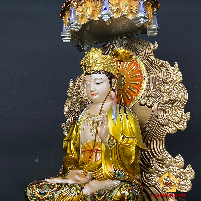 Tượng phật Tây Phương Tam Thánh bằng đồng có lọng che cao 58 cm - 72 cm