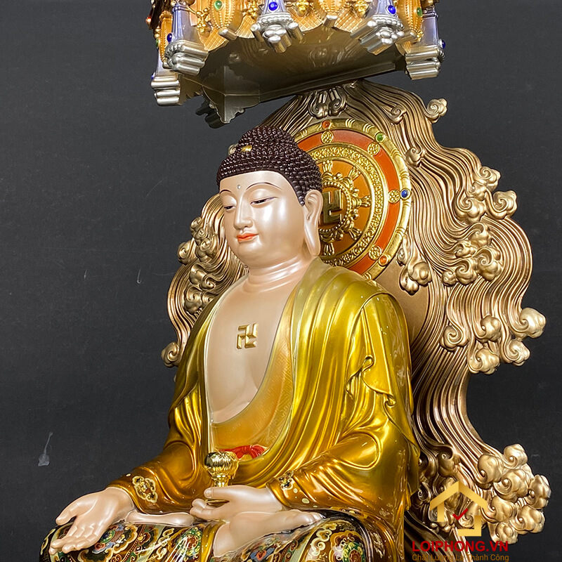 Tượng phật Tây Phương Tam Thánh bằng đồng có lọng che cao 58 cm - 72 cm