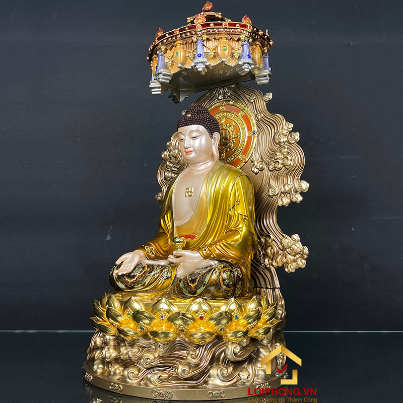 Tượng phật Tây Phương Tam Thánh bằng đồng có lọng che cao 58 cm - 72 cm