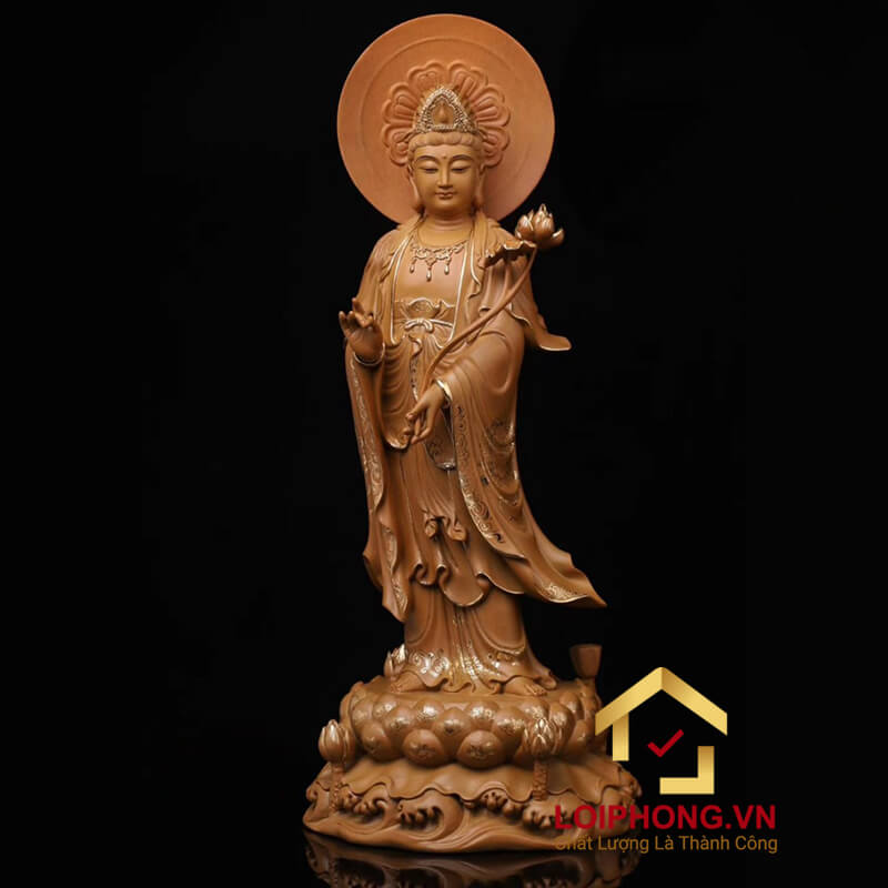 Tượng Phật Tây Phương Tam Thánh Đứng Đế Non Nước Viền Vàng Bằng Gỗ Đài Loan Cao Cấp cao 48-65cm