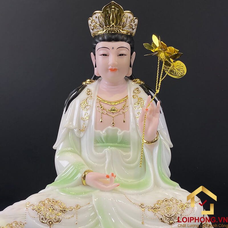 Tượng phật Tây Phương Tam Thánh Bằng Bột Đá Cẩm Thạch Thiên Thanh Viền Vàng cao 30-40-48cm