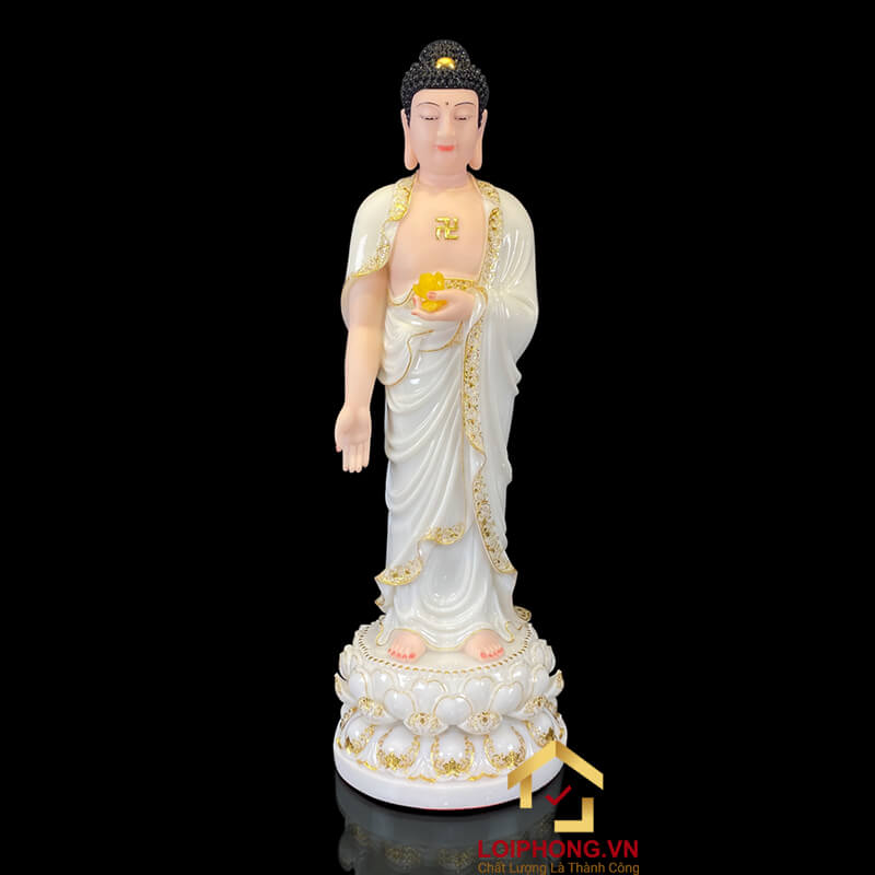Tượng Phật Tây Phương Tam Thánh Đứng Đài Sen Bằng Bột Đá Trắng Viền Dát Vàng cao từ 40cm – 150cm
