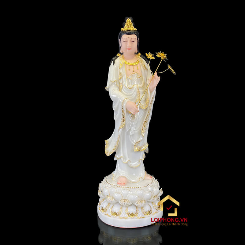 Tượng Phật Tây Phương Tam Thánh Đứng Đài Sen Bằng Bột Đá Trắng Viền Dát Vàng cao từ 40cm – 150cm