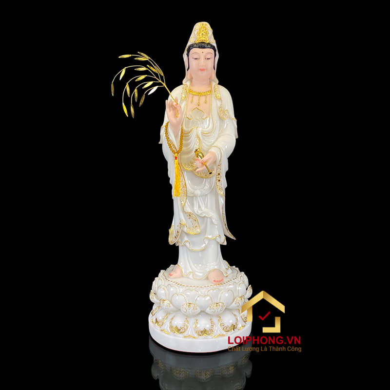 Tượng Phật Tây Phương Tam Thánh Đứng Đài Sen Bằng Bột Đá Trắng Viền Dát Vàng cao từ 40cm – 150cm