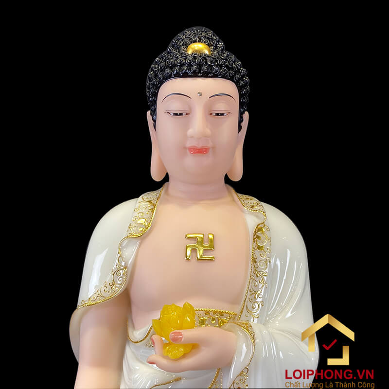 Tượng Phật Tây Phương Tam Thánh Đứng Đài Sen Bằng Bột Đá Trắng Viền Dát Vàng cao từ 40cm – 150cm