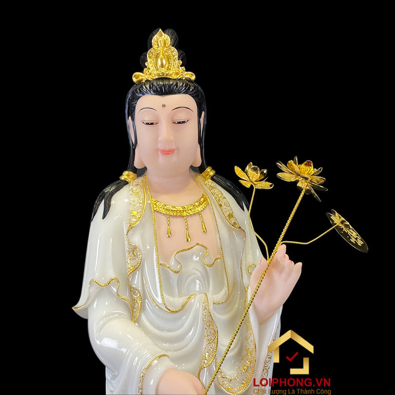 Tượng Phật Tây Phương Tam Thánh Đứng Đài Sen Bằng Bột Đá Trắng Viền Dát Vàng cao từ 40cm – 150cm