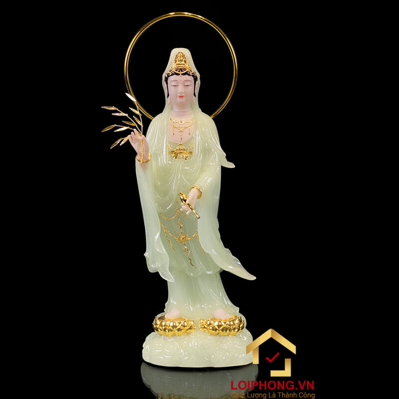 Tượng Phật Tây Phương Tam Thánh Đứng Đài Sen Bằng Bột Đá Thạch Ngọc Có Hào Quang cao từ 48 – 90cm